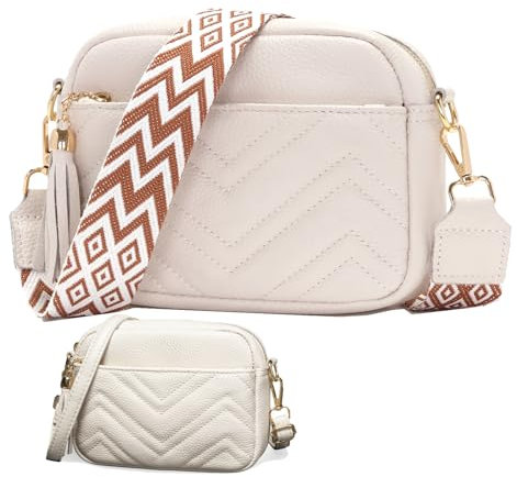 KUNKUN Kleine Umhängetasche Damen Leder Handtasche Klein Crossbody Bag Weiß mit Drei Reißvers Chlussfächern und 1 Breiter Gurt und 1 Dünnen Schultergurten Tasche