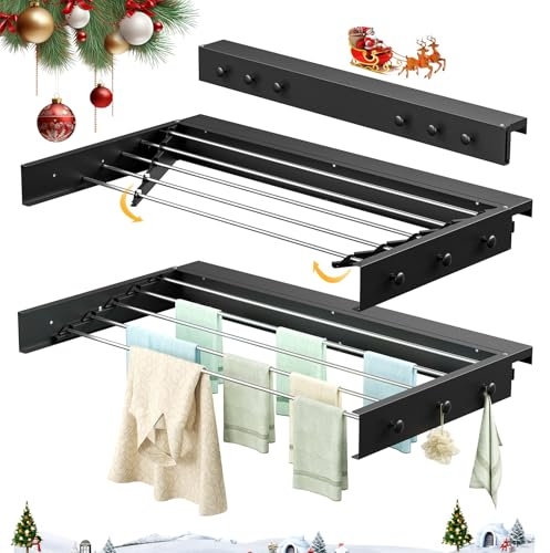 GJCrafts Wall Mounted Clothes Airer, Retractable Clothes Drying Rack With 6 Side Hooks, 5 Aluminum Rods, Easy Installation, Space Saving Clothes Dryer For Towels, Clothes (Black, 100CM)
