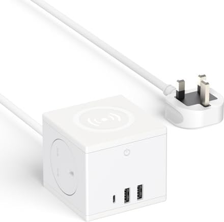 BQO 6 IN 1 Cube Extension Lead with USB Ports, 2 Way Power Strip + 3 USB(5v,3.4A 17w) Slots with Wireless Charger,1.8M White Extension Cube Sockets for Home, Office, Travel,Dorm