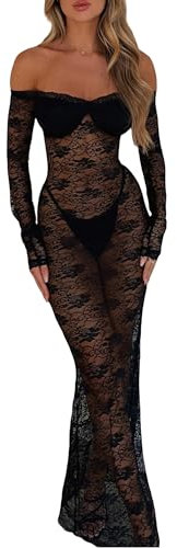 YILEEGOO Women Sexy Spaghetti Strap Lace Floral Bodycon Long Maxi Dress Summer Sheer Mesh Square Neck Backless Split Cami Dress (Z- Off Shoulder Black, M)