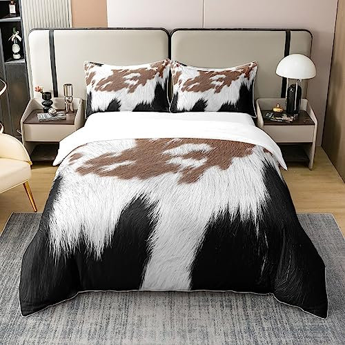 Loussiesd Kuhfell Drucken Bauernhaus Kuhfell Muster Bettwäsche Kuhfell 100% Baumwolle Bettwäsche Set 155x220cm für Kinder Erwachsene Rinderfell Bettwäsche Ultra Weich Zimmer Dekor Bettbezug Set