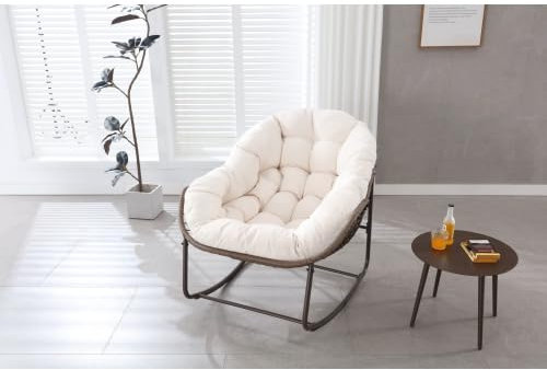 HAINEW Schaukelstuhl Schaukelsessel Gartenstuhl für drinnen und draußen, Sessel Relaxsessel Wohnzimmersessel Schwingsessel Akzentstuhl für Balkon, Terrasse und Garten, Wohnzimmer, Bis 113kg (Weiß)