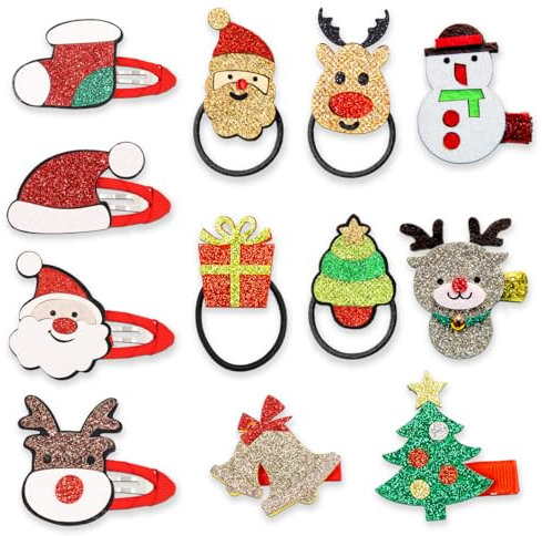 Weihnachts Haarschmuck, 12 Stück Haarspangen Mädchen Weihnachten, Haargummi, Weihnachtshaarspangen, Kleinigkeiten Weihnachts Haargummi Mädchen, Adventskalender Füllung für Party Weihnachtsgeschenke