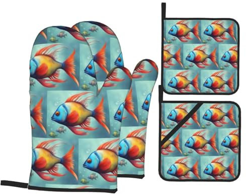Chrycm Bunte Fisch-Ofenhandschuhe und Topflappen-Set, Küchenhandschuhe, Mikrowelle, Grill, hitzebeständig