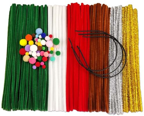 FANGZIDM 353 Stück DIY Bastelset Enthält 300 Pfeifenreiniger Mehrfarbig 30cm, 50 Bastelpompons 1-2cm, 3 Haarreif Geeignet Dekorationen für Festivals und Partys wie Weihnachten