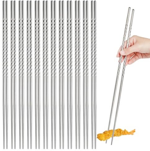 Hiceeden 12 Pairs 15 Inches Extra Long Cooking Chopsticks, Stainless Steel Reusable Frying Chopsticks, Metal Japanese Korean Chinese Hotpot Chopstick with Anti-Slip Threaded for Noodles, Silver