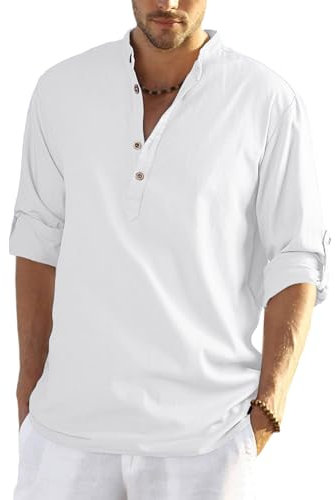 YAOHUOLE Linen Shirt Men Long Sleeve Cotton Beach Shirt Casual Summer Shirt Granded Shirt Cheesecloth Shirts White M