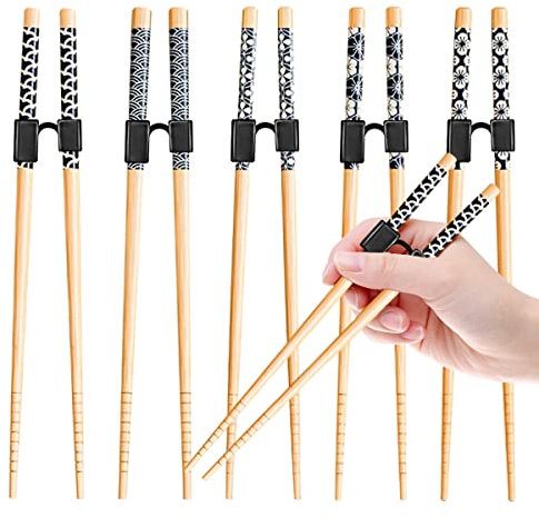 LYART 5 Pairs Reusable Training Chopsticks Beginners for Kids Adults Learners, Japanese Wooden Chopsticks Trainers Set, Dishwasher Safe, L8.86Inch (1.Japanese stamp)