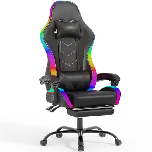 Devoko Silla Gaming con Masajeador y LED, Silla de Oficina Ergonómica con Reposapiés, Sillas Gaming para Oficina y Juegos con Iluminación RGB(Negro)