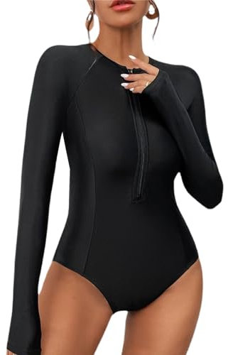 Women's One-piece Swimsuits with Front Zip Design Long-sleeved Swimming Costume with Removable Chest Pad Tummy Control Swimwear High Leg Bathing Suit for Women (UK, Alpha, XL, Regular, Regular, Black)