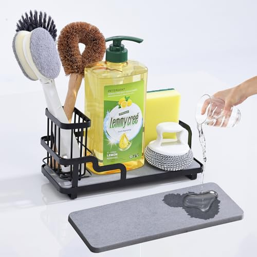 sapisecret Organizador de Fregadero Cocina, Jabonera Negra con Diatomita | Jabonera y porta estropajos; diatomita de secado rápido, acero al carbono negro y diseño compacto para ordenar el fregadero.