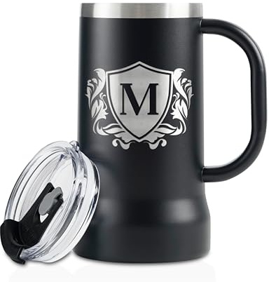 Onebttl Personalised Beer Stein – Custom Monogram Beer Mug with Handle, 24oz Double-Walled Stainless Steel – Gift for Beer Lovers, Dad, Him – Birthday, Holiday - Letter M