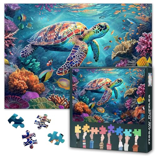 1000 Teile Puzzle Unterwasserwelt mit Glücklicher Meeresschildkröte Farbenfrohes Korallenriff & Tropische Fische Entspannendes Erwachsenenpuzzle als Wanddekoration Meditatives Naturmotiv