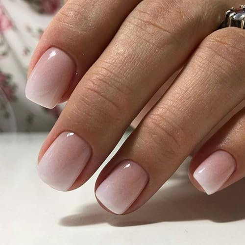 Ombre Press on Nails - 24pcs Square False Nails Short - Gradient White Pink French Tip Fake Nails with Glue - Coffin Full Cover Glossy Acrylic Stick on nails for Women Girls Nails Art Accessories