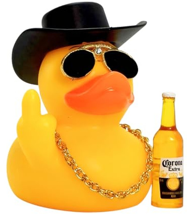hautllaif Lustige Ente Auto Deko – 10cm Gummi-Ente mit Sonnenbrille, Hut & Flasche –Armaturenbrett, Niedliche Duck Figur für Auto Innenraum, Geschenk für Freunde