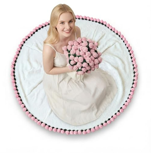 Blumenstrauß Decke Gehäkelt,Gehäkelte Flower Bouquet Blanket Fertig,Häkeldecke mit Rosen-Verzierung, Geeignet als Geschenk für Frauen zum Muttertag, Valentinstag und Geburtstag (Rose Rosa, 80CM)