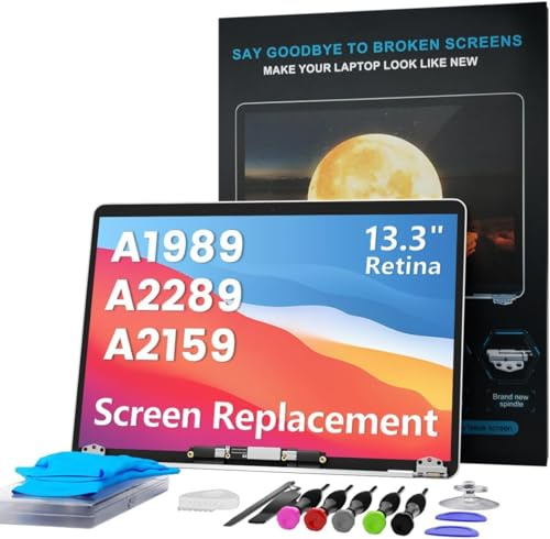 LHM A1989 A2159 A2289 Bildschirmersatz für MacBook Pro 13,3 2018–2019–2020 Retina (EMC 3358 3214 3348 3301) 2560 × 1600 Voll-LCD-Display-Baugruppe mit Reparatursatz (A1989-Silver)