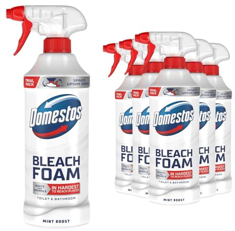 Domestos Bleach Foam Toilet and Bathroom Cleaner Spray Mint Boost 380ml, 6 Pack - Tough on Limescale and Soap Scum, Fast Acting Cleaning Spray for Toilets, Tiles and Bathroom Surfaces