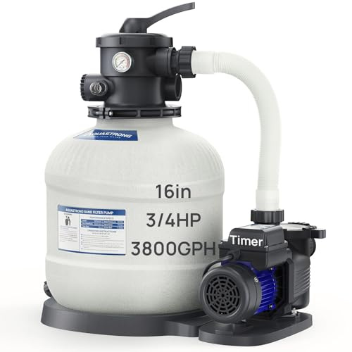 AQUASTRONG Pompe de filtre à sable pour piscine hors sol, pompes de piscine hors sol avec minuterie, filtre à sable de piscine avec valve à 6 voies, circulation et filtration améliorées, 40,6 cm