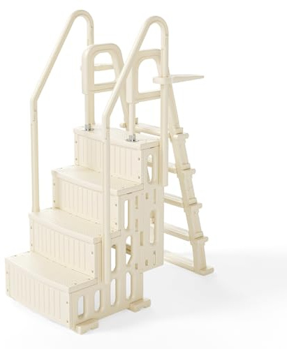 BONNLO Ensemble Escaliers de Piscine Double 4+5 Marches, PE, Blanc Cassé, Échelle de Piscine Creusée et Hors Sol 122-137 cm, Anti-Dérapant, DIY Combiné