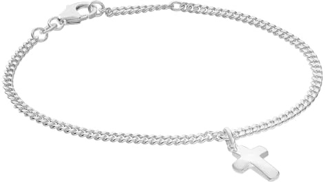 trendor Mädchen-Armband mit Kreuz 925 Silber Rhodiniert Panzerband 21580 | diamantiertes Flachpanzerband, eleganter Armschmuck für Kinder und Jugendliche,