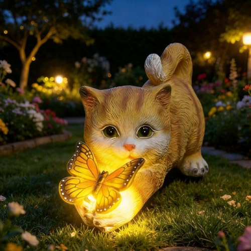RNPKZ Gartendeko Katze, Katzenfigur Garten Deko, Lustige Katzenfiguren Deko mit Schmetterlinge LED Solarlampen, Solar Garten Skulpturen, Resin Katzenstatue für Terrasse, Hof, Veranda, Rasen, Garten