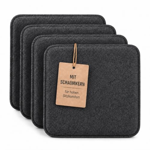 KAMACA Sitzkissen 4er Set 35x35 cm Eckig Anthrazit – Stuhlkissen aus Filz Gepolstert mit Schaumkern – Sitzpolster Bequem für Stuhl, Esszimmer, Küche, Balkon & Gartenstuhl