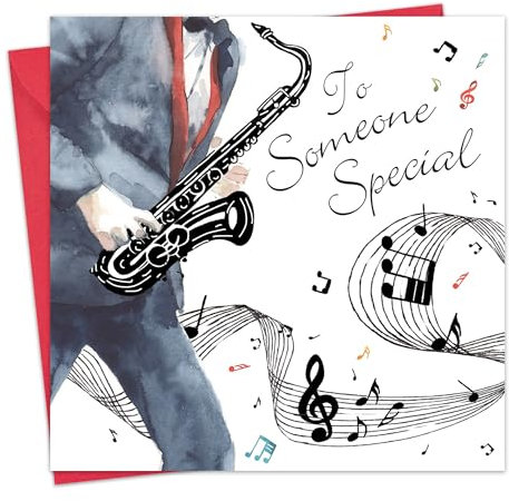 Twizler Geburtstagskarte für besondere Personen mit Silberfolie und einzigartigem Aquarell-Effekt – Musik und Saxophon – Geburtstagskarte für Ihn