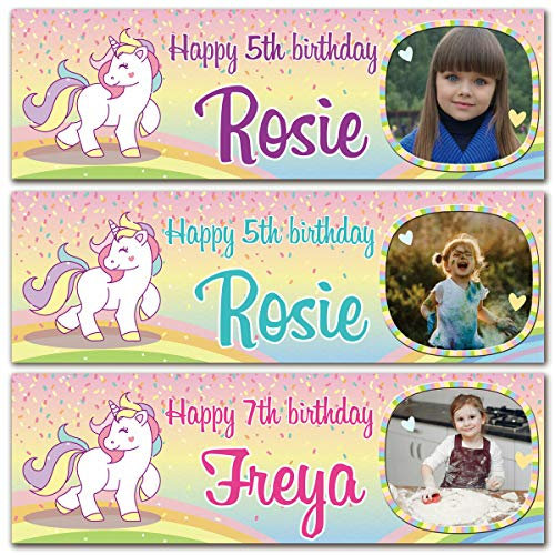 2 carteles de cumpleaños personalizados con foto de unicornio, arco iris, decoración de fiesta para niños y niñas