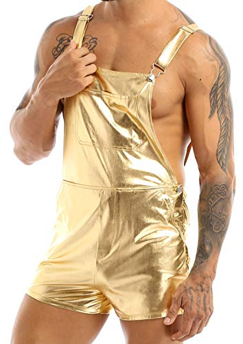 inlzdz Mens Shiny Metallic Dungarees Overall Suspender Shorts Hot Pants Rave Party Clubwear