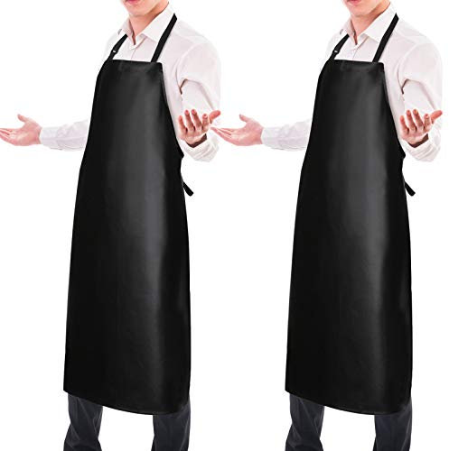 Gotega 2 Pack Waterproof Rubber Vinyl Apron, 40 Inch Heavy Duty Chemical Resistant Lab Apron Butcher Adjustable Bib for Dishwashing Kitchen Cooking Drawing Black
