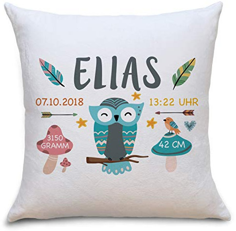 OWLBOOK Geburtskissen Eule Boho Flauschige Kissenhülle mit Namen und Geburtsdaten Geschenke Geschenkideen zur Geburt Baby Kind Mädchen Junge zur Taufe