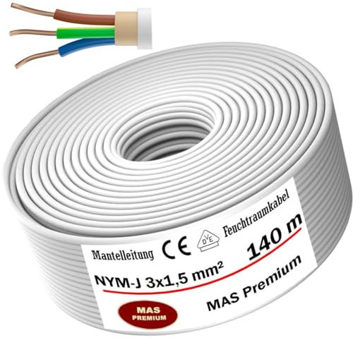 Cavo di alimentazione per ambienti umidi da 5 a 200 m, NYM-J 3 x 1,5 mm², cavo elettrico ad anello per installazione fissa, 140 m