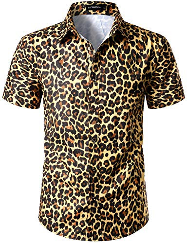 LucMatton Men's Hipster Short Sleeve Button Down Leopard Print Shirt for Club Rock Party Gold Small