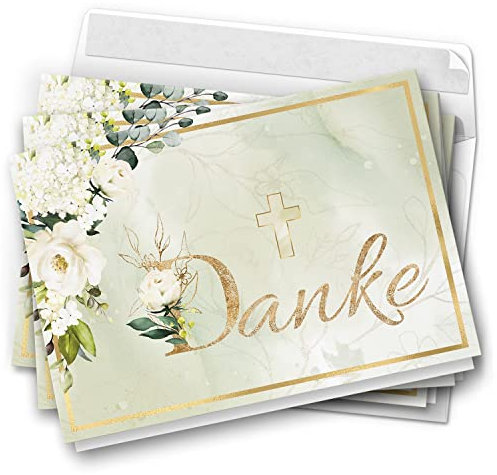 10 Dankeskarten Klappkarten Konfirmation Kommunion Taufe Kirchlich mit Umschlägen Motiv Danke Großer Buchstabe Kreuz Blumen edel