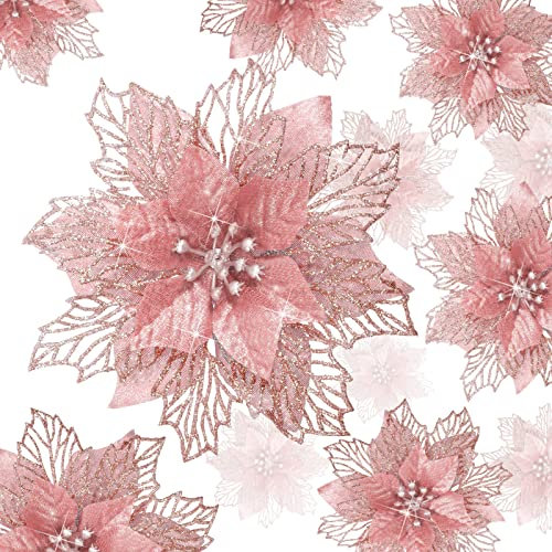 Geosar 24 Pieces Christmas Glitter Poinsettia Flowers Layered Artificial Xmas Flowers Wedding Christmas Tree New Year Ornaments 3/4/6 Inch(Rose Gold)