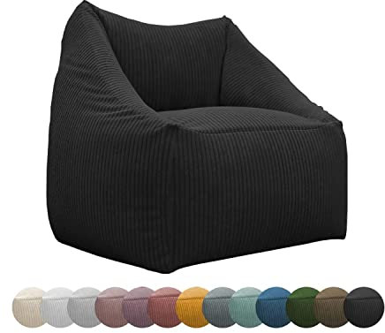 chilly pilley Sitzsack Cord Sitzkissen EPS-Perlen Füllung Bodenkissen Sessel Gartenkissen mit Rückenlehne Sitz (Schwarz)