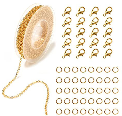 CONNECTION 9M DIY Ketten Schmuck Herstellen 2 mm Gliederkette Kupfer Gliederkette Legierung DIY Link Kette mit 50 12mm Karabinerverschluss und 100 4mm Biegeringe für Schmuck Herstellung, Gold
