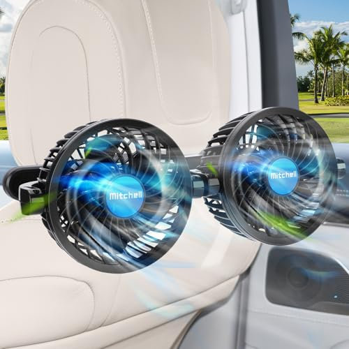 Xakay 12V Car Fan, Electric Car Fan for Backseat Dual Head 360° Rotating Auto Car Cooling Fan for Rear Seat Passenger Portable Car Seat Fan with Adjustable 12 Gear Wind Speed for SUV, RV, Vehicles