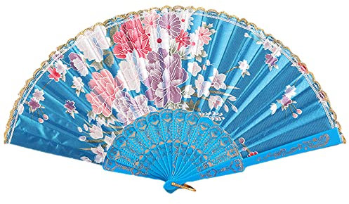 Duories Folding fan, hand fan, folding fan in Chinese style, foldable hand fan, made of silk and gold edge, for wedding decorations, dance events, party decorations, blue