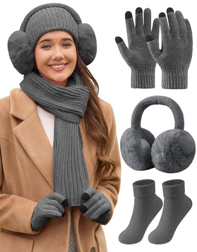 PASUDA Damen Wintermütze Schal Handschuhe Ohrenschützer und Socken Set Winter Warme Beanie Strickmütze Lang Winterschal Winterhandschuhe Plüsch Ohrenschützer Winterzubehör Kombi Set (Grau, One Size)