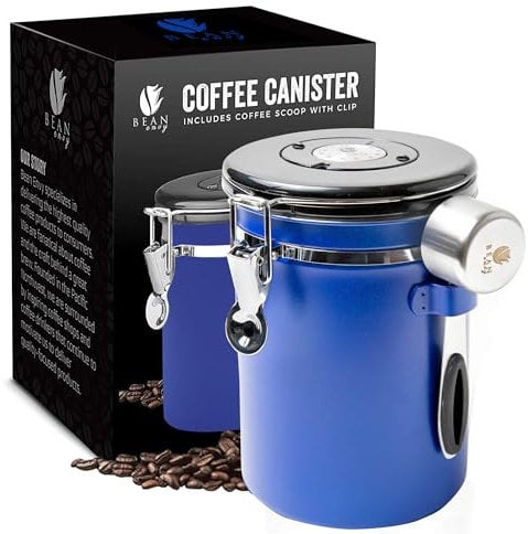 MOVASEE Kaffeedose Luftdicht mit Datumsanzeige u. CO2-Ventil - Vakuumbehälter für Kaffeepulver, Kaffeebohnen - Edelstahl Kaffeebohnen Behälter - Dekorative Teedose, Zuckerdose - Rot (Blau)