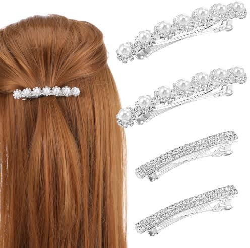 Xinjoduz 4 Stück Glitzernde Strass -Haarspangen Silber Haarspangen Damen Französische Haarspange Strass-Haarschmuck Vintage Kristall Haarklemmen Glitzer Snap Haarspange für Frauen Dünnes Dickes