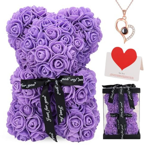 Orsacchiotto di rose artificiale, 25,4 cm, con confezione regalo, per anniversario, San Valentino, matrimonio, compleanno, regalo romantico per lei (viola)