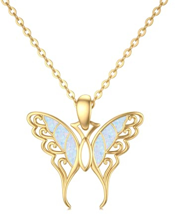 Rikelus 9K Echtgold Schmetterlings-Halskette mit Opal für Frauen, 375/9 ct Gold Schmetterlings-Anhänger-Halskette Schmetterling Geschenke für Geburtstag Weihnachten 40+5 cm