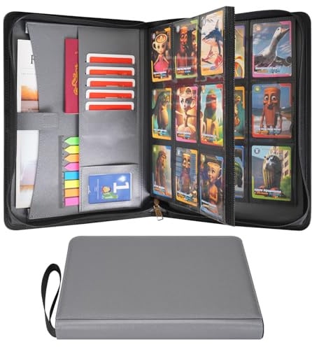 Wonderpool 9 Taschen Sammelkarten Album A4 Ordner - Hält 540 Karten | Reißverschluss Leder pu Kartenhalter Aufbewahrungsalbum mit Seitenlader-Taschen für MTG, TCG, Yugioh, Sportkarten (Grau)