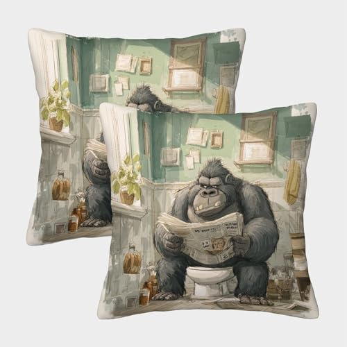 POLIUAWS Gorilla liest Zeitung im Badezimmer, Kissenbezüge 40x40cm, 2er-Set, Dekorative Kissenbezüge für Sofa, Couch, Schlafzimmer, Wohnzimmer