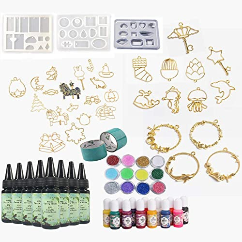 Joligel Resin-Kit mit Pigment-Einfassungen, 250g transparentes UV-Epoxidharz mit 9 Silikonformen 17 Einfassungen mit offener Rückseite 13 Farbstoffe 24 Glitter, Schmuck-Set mit Kompaktlampe