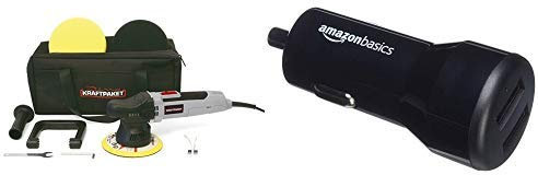 Dino KRAFTPAKET 9mm-650W Exzenter Poliermaschine Stufenlos im Set mit Polierschwamm Polierteller Tasche für Auto KFZ Boot AmazonBasics - Kfz-Ladegerät für Apple- & Android-Geräte, USB-Anschluss: 2 Eingänge, 4,8 Ampere / 24 W, Schwarz