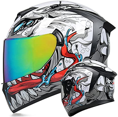 Full Face Motorcycle Helmet with Internal Sun Visor DOT Approved Helmets with Dual Visor Anti-Glare Motocross Street Bike Racing Crash Helmet for Men Women, with Design Graphics White Grey,S